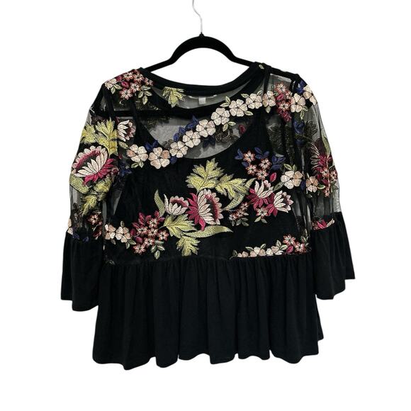 Eri + Ali for Anthropologie Top Black mesh Size S floral embroidery multicolor - Picture 5 of 8